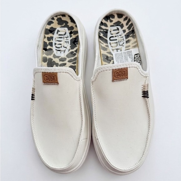 Hey Dude Shoes - NWOT HEYDUDE Austin Lift Leather Platform Mules - White Leopard Size 9
